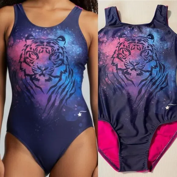 Destira elite gymnastics tank blue hot pink back leotard tiger XLC child
