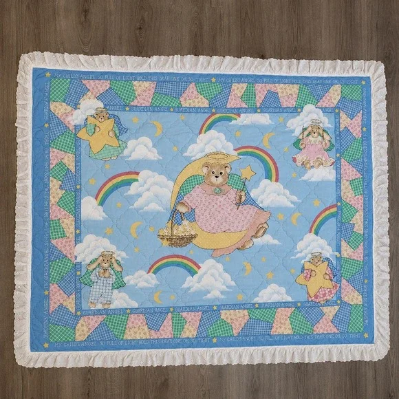 Vintage Guardian Angel Bear‎ Reversible Baby Quilt Pastel Rainbow Eyelet Ruffle