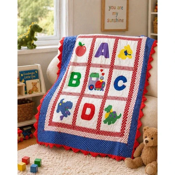 Vintage‎ ABC Baby Quilt Hand Tied Alphabet Print Nursery 40x44 Primary Colors