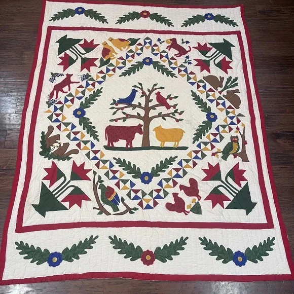 Vtg Handcrafted Baltimore Quilt Kit Folk Art Animal Tree of Life 84x68 Americana