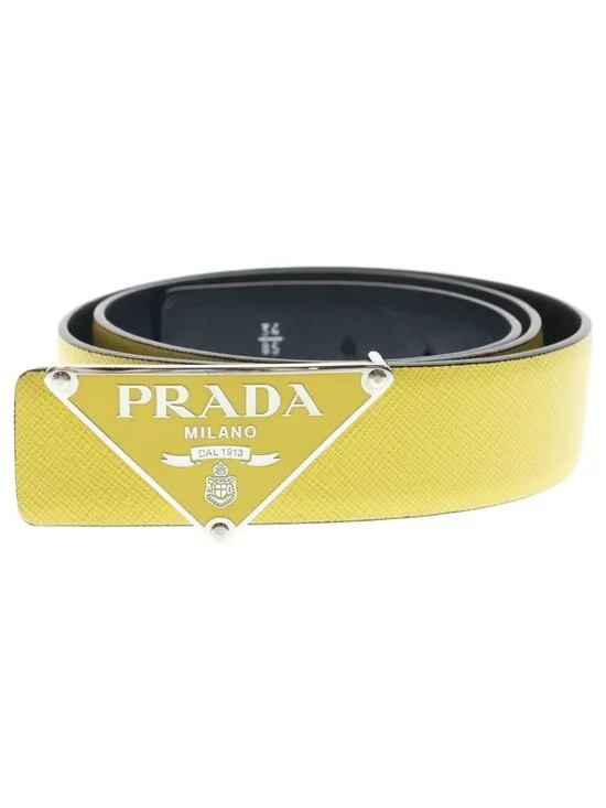 Prada Saffiano Triangle Logo Reversible Leather Belt with Metal Buckle 34 85