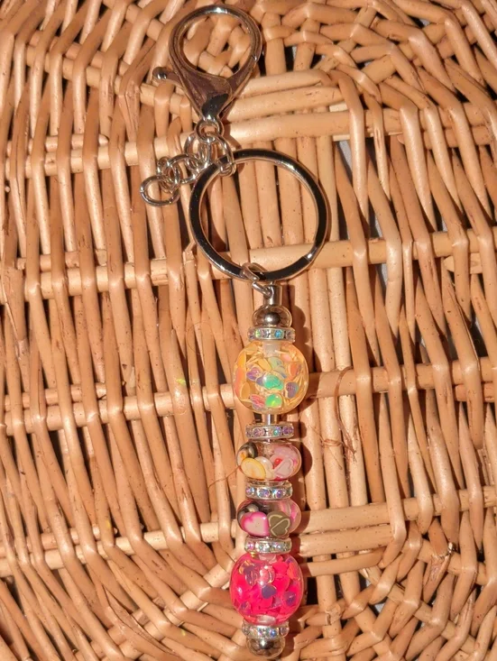 Beaded Heart Charm Keychain - Pink & Multicolor