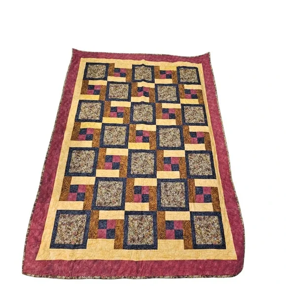 Handmade Log Cabin Quilt Blanket Rustic‎ Farmhouse Brown Throw Grandma Cottage