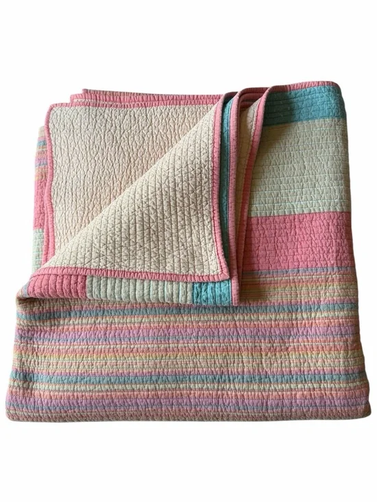 Martha Stewart Collection Reversible Full Queen Quilt Pink Blue Stripe Cotton