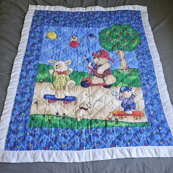 Quilted Baby‎ Blanket Animals Skateboarding Scooter Blue Satin Trim 41X35 Blue