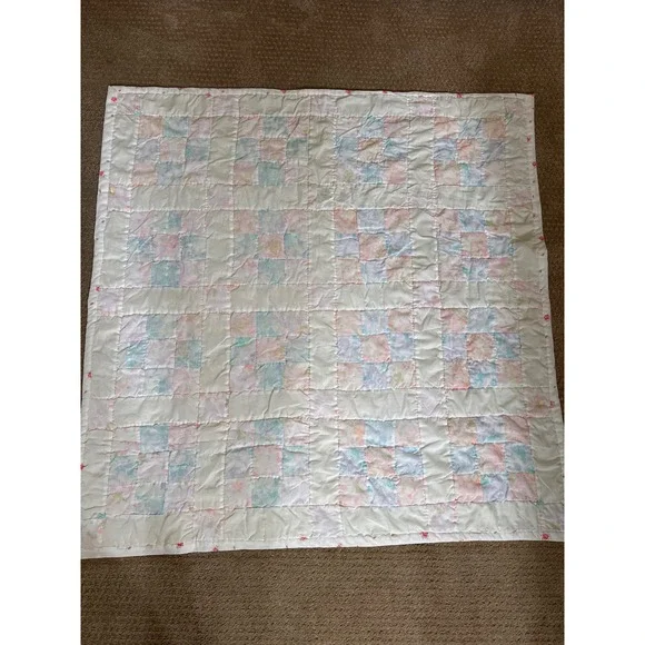 Handmade Vintage Pastel Patchwork Baby Quilt Floral Flannel Reversible 42x42