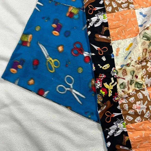 Vtg Handmade Patchwork Quilt Multi Sewing Kitchen Theme Fleece Blanket 38x62.5