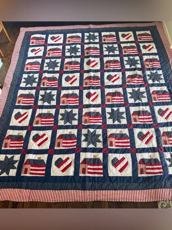Vintage Log Cabin School House Hearts Stars Americana Folk Art Primitive Quilt