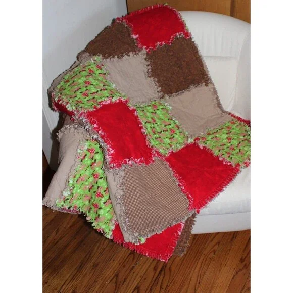 Handmade Ragtime Flannel Sofa Quilt, Christmas Moose Rag Throw Blanket Covering
