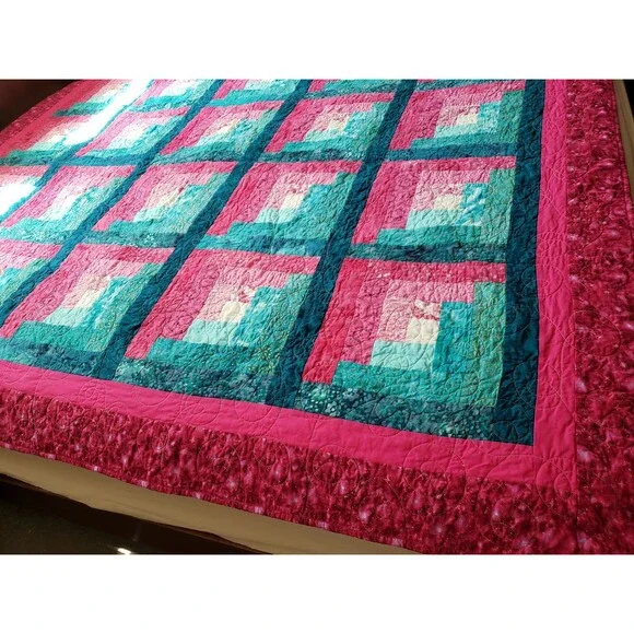 Log Cabin Quilt, Bright, Modern, Traditional Pattern, Sofa Quilt Blanket Throw