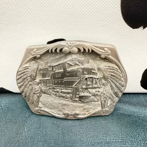 C&J Inc Belt Buckle Mens Silver Train Engine 203 Native American Headdress 1996