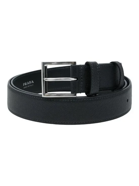 Prada Saffiano Belt 110 44 Black Silver Leather Metal