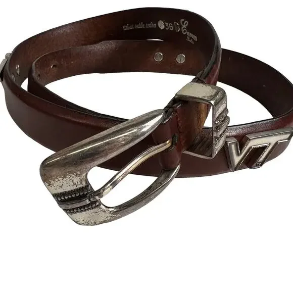VA Tech Enmon Brown‎ Italian Saddle Leather Belt Silver Logo 36
