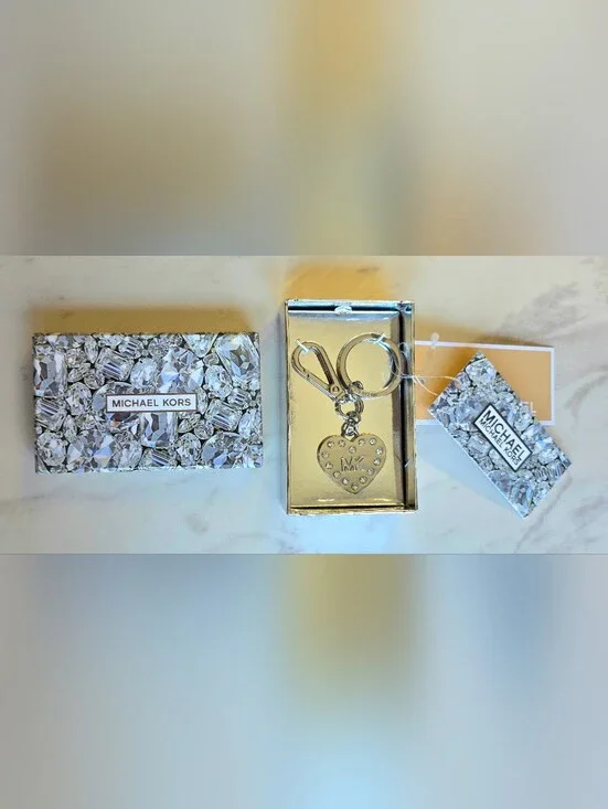 Michael Kors Silver Crystal Heart Charm Keychain Bag Charm Gift Boxed
