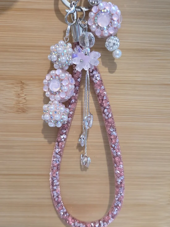 NWT Pink Crystal Bubblegum Bead Bag Charm Keychain Luxury Wristlet Glam