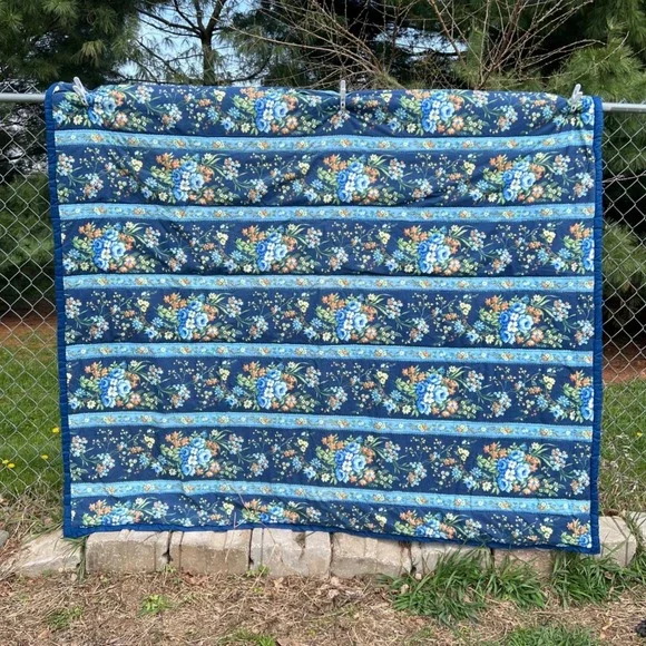 Vtg Handmade Quilt 78x82 Blue Floral Cottagecore Hand Stitched Cotton Full Queen