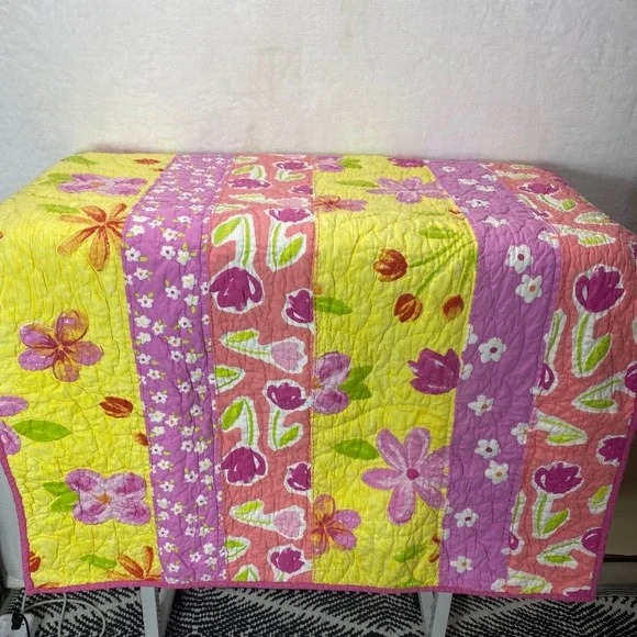 POTTERY BARN KIDS Quilted Hearts & Flowers Crib Blanket Floral Pink Yellow Green