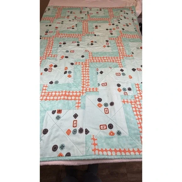 Handmade Baby Quilt Blanket Aqua Orange Geometric Patchwork 45x56 Cotton