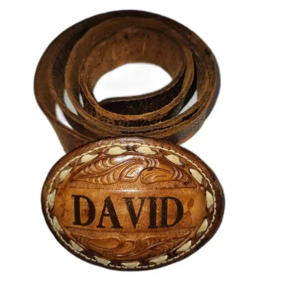 Vintage 70s DAVID Genuine Brown Leather Belt with Hand Tooled Leather Buckle