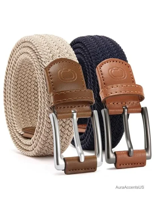 2-Pack Stretch Belt for Men Adjustable No-Hole Braided Nylon Casual Golf