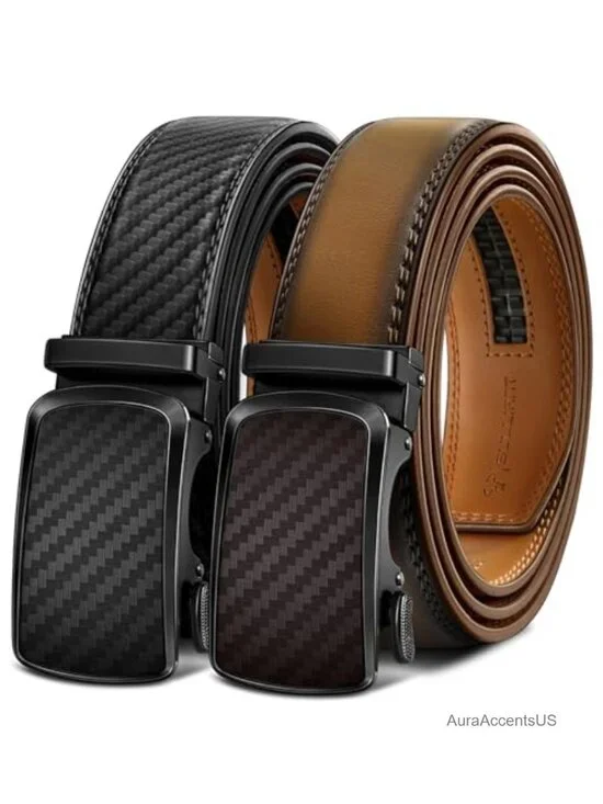 Men's Ratchet Leather Belt Trimmable 2 Pack Smooth Sliding Precise Fit Holeless