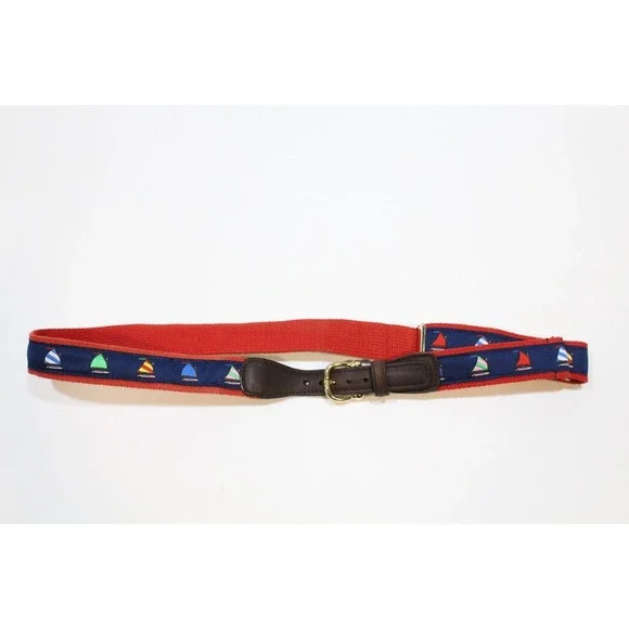 Vtg Alynn Mens Canvas Leather Belt Sail Boats‎ Adjustable Navy Blue Size 29-42W