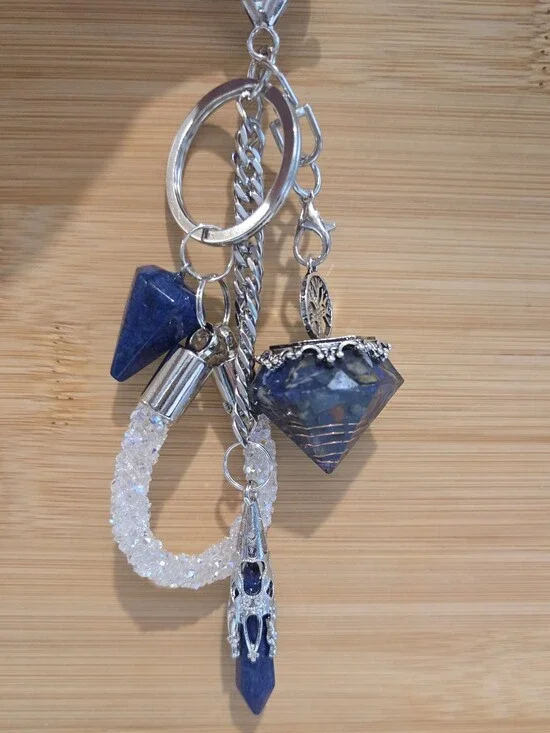 NWT 💎 Lapis Lazuli Orgonite Diamond Bag Charm Crystal Point Keychain Silver 💎