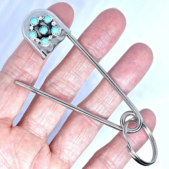 Giant Safety Pin‎ Keyring Turquoise Cluster Key Chain Tag 4in Navajo Mens Gift