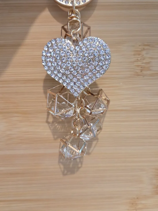 NWT Rhinestone Crystal Heart Bag Charm Keychain Gold Cage Geometric Luxury