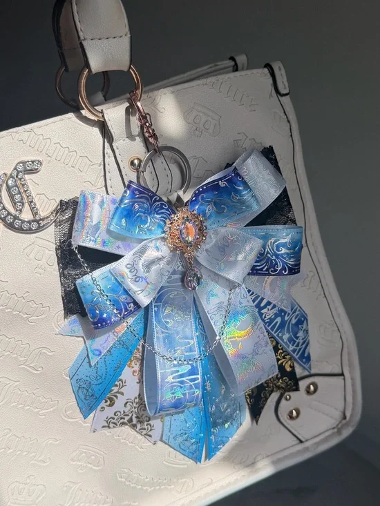 Decorative Blue Ribbon Bag Charm with Crystal Accent