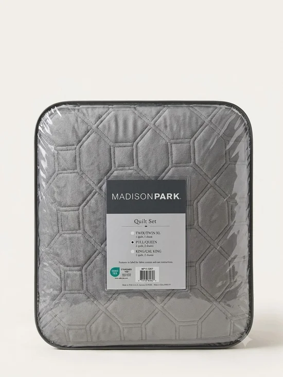 Madison Park Gray Quilted Comforter Set - Geometric Stitch Pattern