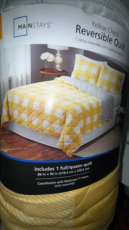 Mainstays Check Yellow Gingham Polyester Quilt  Full/Queen  Reversible