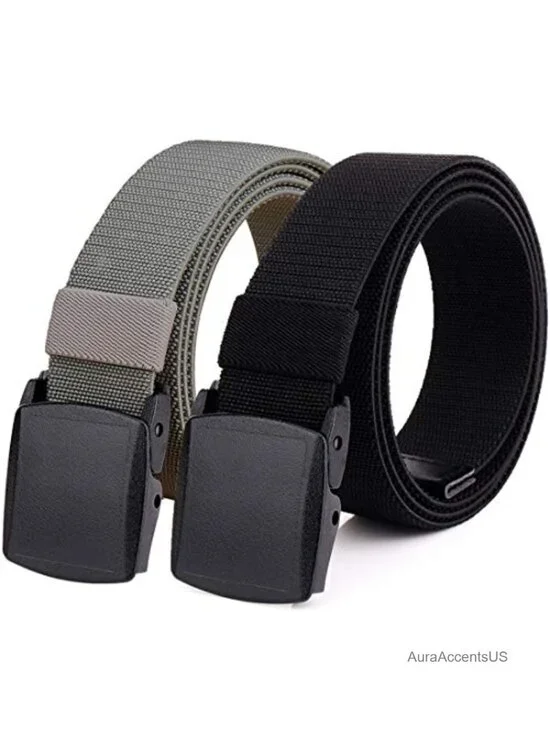 2-Pack Nylon Stretch Belt Men's Tactical Hiking Belt TSA Safe No Metal Plastic