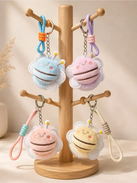 Set of 4 Cute Plush Bee Flower Double Sided Mirror Keychain - Pastel Set- NWOT