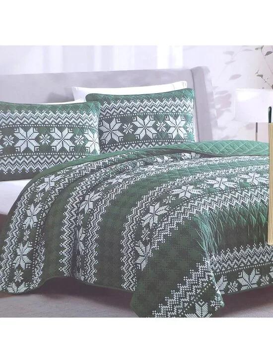 Lenox 3-Piece Full/Queen Quilt Set Green Snowflake Pattern Holiday Easy Care