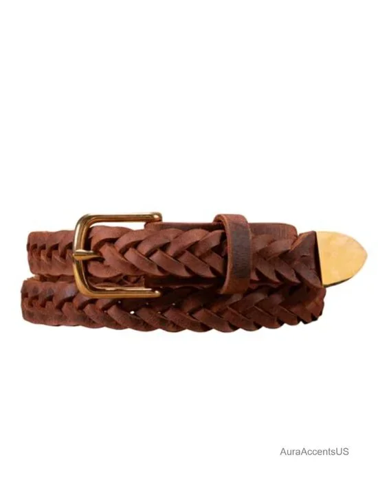 Genuine Water Buffalo Leather Braided Dress Belt, USA Made, No-Hole Adjustable,