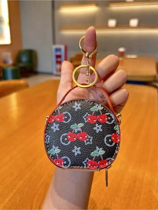 Cherry Print Round Coin Pouch Keychain - Black & Red