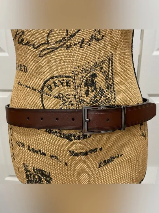 Perry Ellis Men's Brown Leather Belt with Dark Metal Buckle