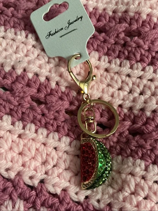 Rhinestones Watermelon Slice Keychain - Red & Green