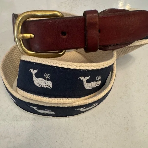 Vineyard Vines Canvas Leather Belt Sz 40 Navy Whale Preppy Nautical Brass Buckle