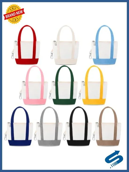 Mini Tote Bag Keychain Set of 10 with Zipper Polyester Pouch for Backpack