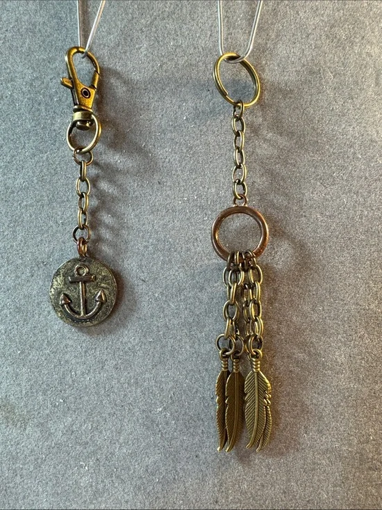 Hand Crafted Brass Tone Anchor & Feather Keychain Set