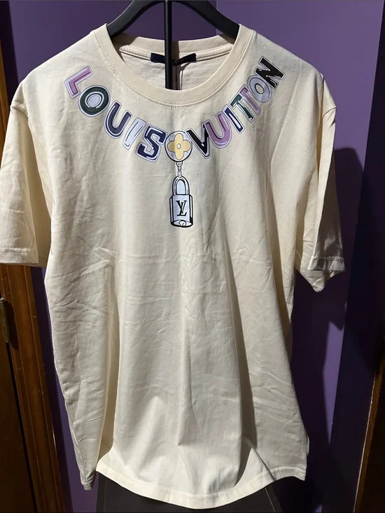 Louis Vuitton Cream T-Shirt with Pastel Graphic Logo Necklace
