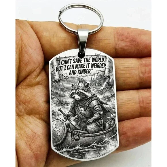 Raccoon Save World Weird Kind Warrior Boat Battle Stainless Keychain Art Animal