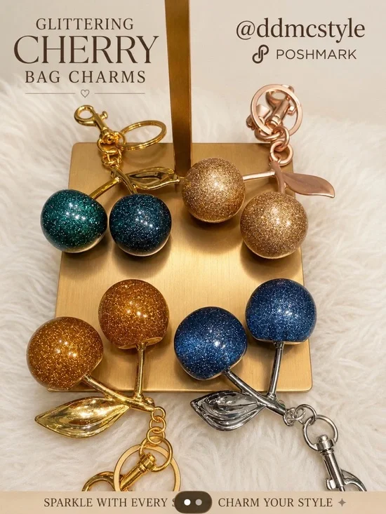 Glittering Cherry Bag Charm Keychain - Gold, Rose Gold, Blue, Teal