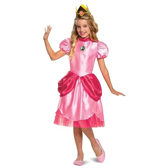 Super Mario Princess Peach Costume Girls Small 6 6X 3 Piece Set Dress Crown