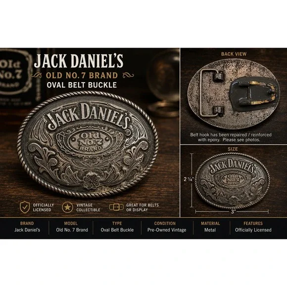 Vintage Jack Daniels Old No 7 Brand Oval Belt Buckle Silver Tone Metal Western