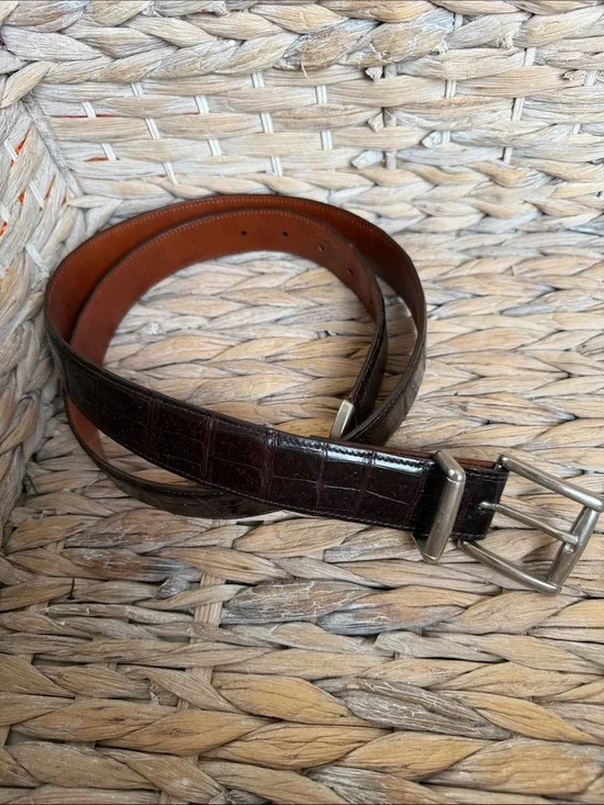 Croc-Embossed Dark Brown Leather Belt with Silver Buckle - Men