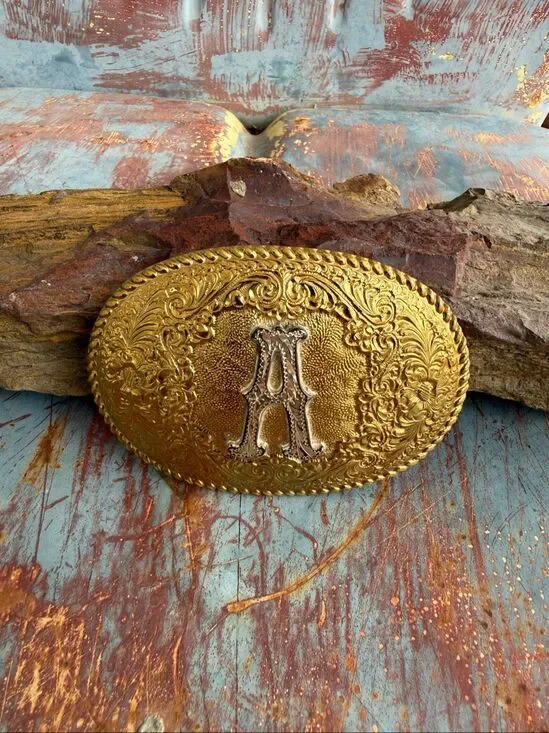 Vintage Crumrine Bronze Western Two Tone Initial A Belt Buckle Engraved Gold Sil