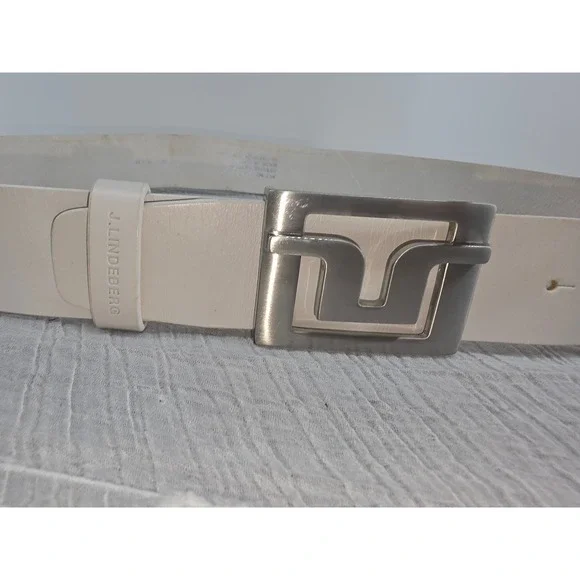 J.Lindeberg Mens White Leather Bridge Logo Buckle Belt Size 34 Made in Italy